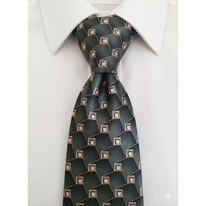 Jos A Bank green gold geometric pattern silk tie - 60"